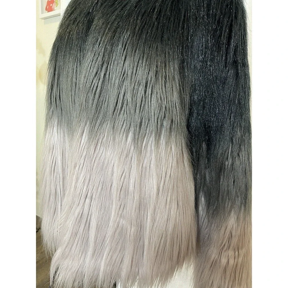 STUNNING Women XL Ombre Faux Fur Coat in Smoked Wool Black Grey Pockets Mob Wife - Picture 3 of 13